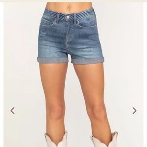 High Rise Striped Denim Shorts